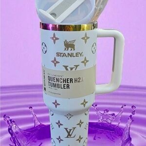 Stanley White Tumbler with Gold Accents and Iridescent Lid Trim